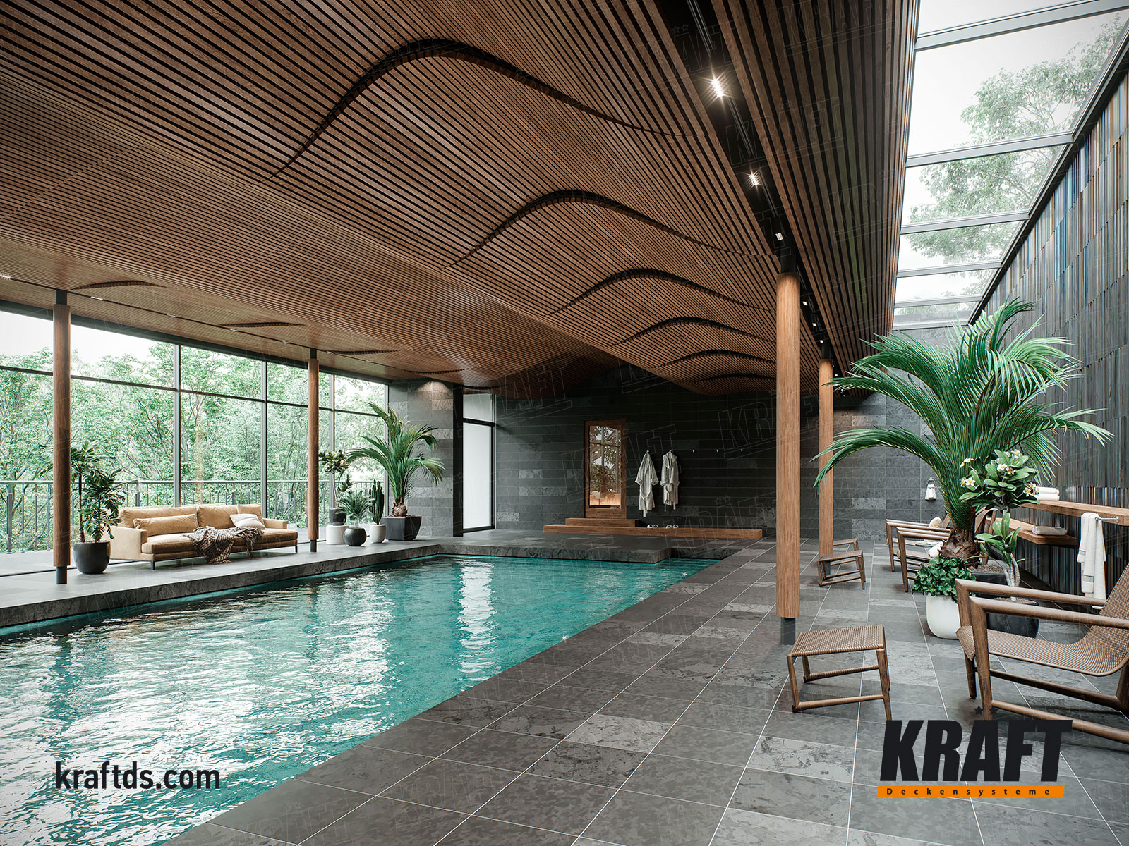 Wave-shaped rail suspended ceiling above swimming pool