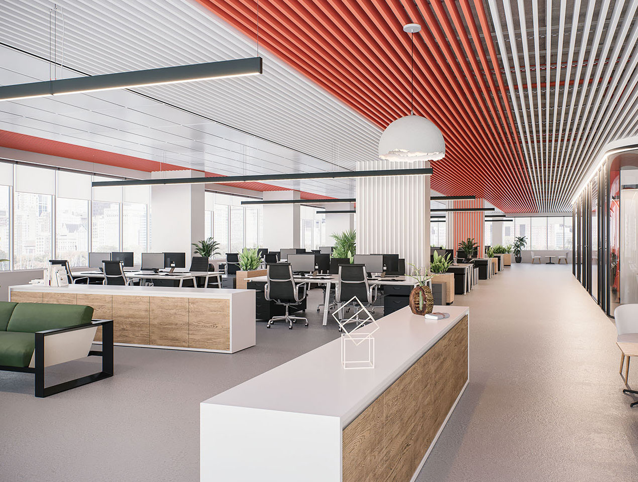 Designerski sufit listwowy KRAFT pomarańczowo-biały w biurze 