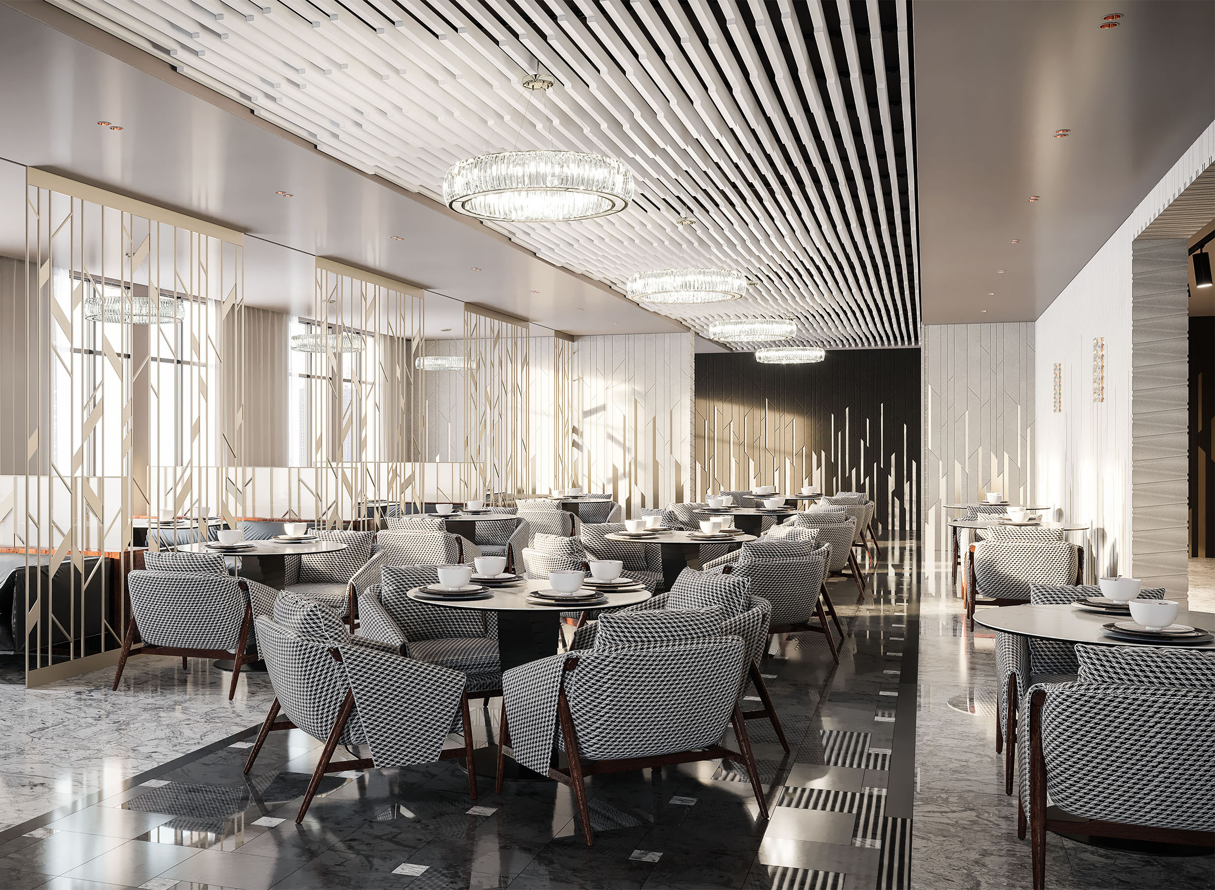 Designerski Biały sufit podwieszany wykonany z listwy kubicznej zainstalowane na różnych poziomach we wnętrzu restauracji 