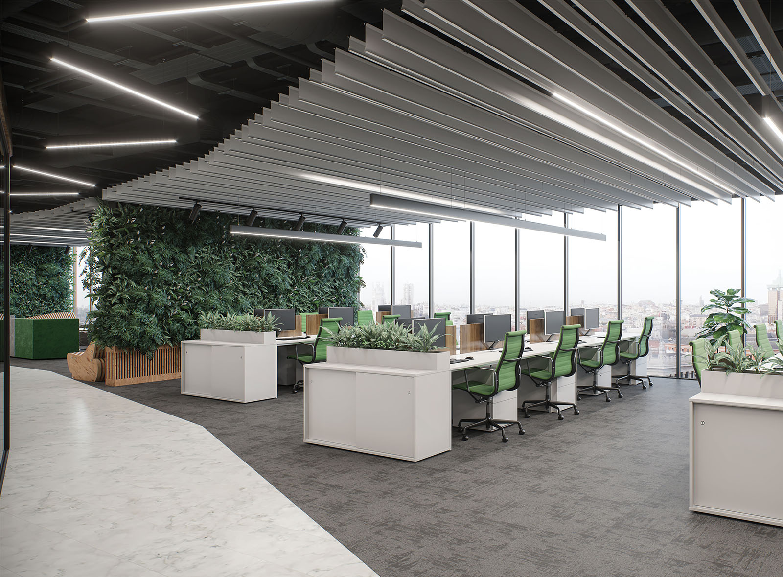 Designerskie wnętrze z Sufitem podwieszanym z zastosowaniem listwy płaskiej, sufit ekranowy, sufit płytowy w szarym kolorze w wykończeniu przestrzeni biurowej  