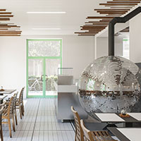 Jak podkreślić lakoniczny projekt: kreatywny sufit z listew i cudowny piekarnik w pizzerii