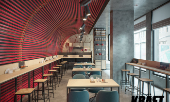 Designerski sufit listwowy KRAFT z indywidualnymi mocowaniami o zaokrąglonym promieniu