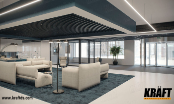 Sufit podwieszany z listwy KRAFT z systemem oświetlenia KRAFT Led we wnętrzu biura 