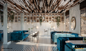 Designerski sufit podwieszany listwowy KRAFT z listew w różnych kolorach we wnętrzu kawiarni, restauracji, baru, jadalni