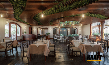 Sufit listwowy KRAFT o fakturze drewna: naturalna energia we wnętrzu restauracji